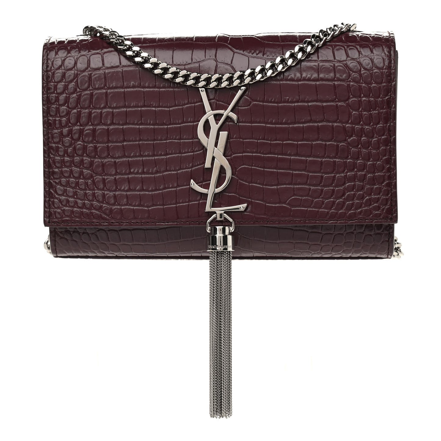 Calfskin Crocodile Embossed Small Classic Monogram Kate Tassel Satchel Palissandre