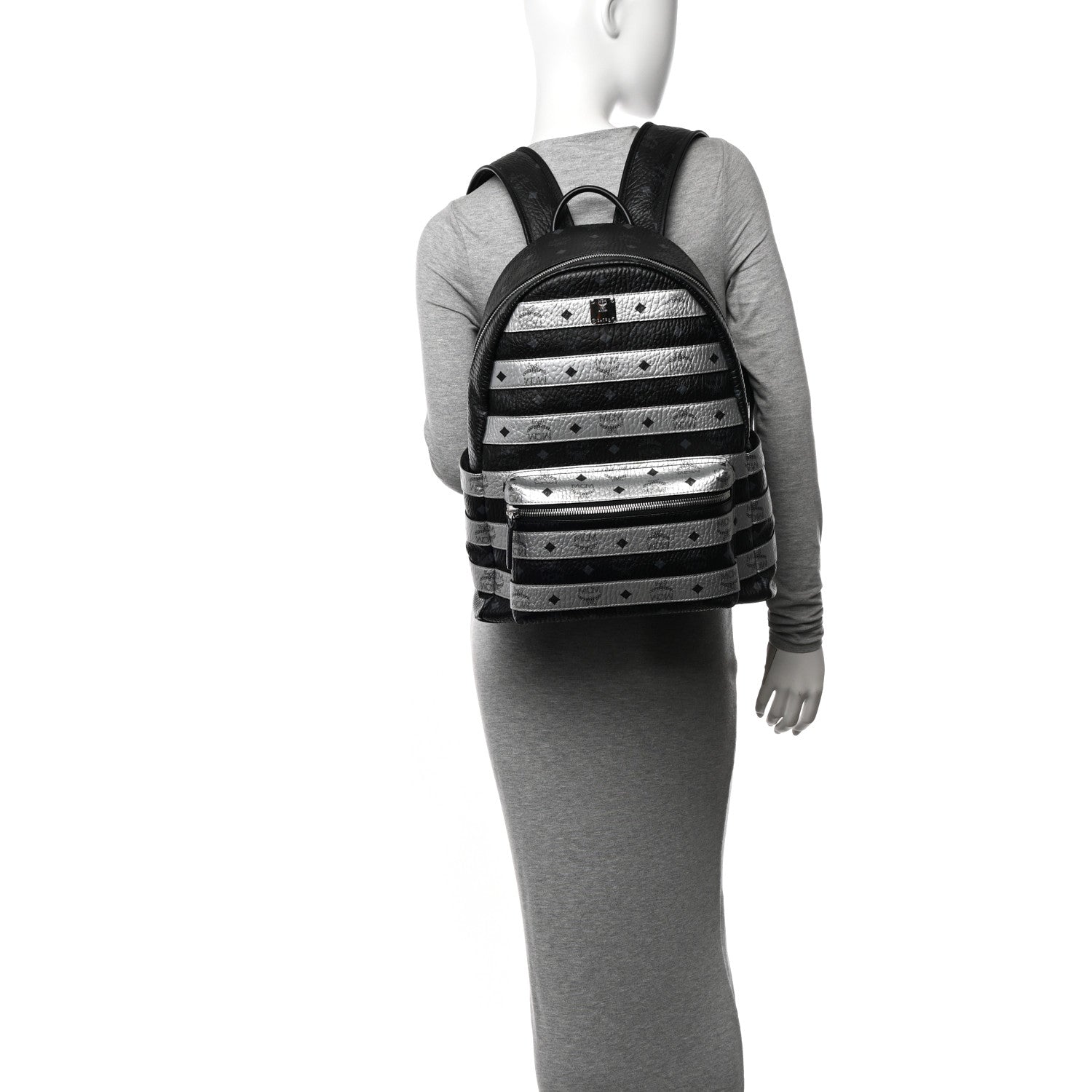 MCM Metallic Visetos Striped Medium Stark Backpack Silver Black 2 of 12