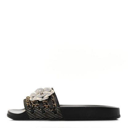 Chanel Calfskin Chain Camellia Flat Sandals 39 Black 1 of 9