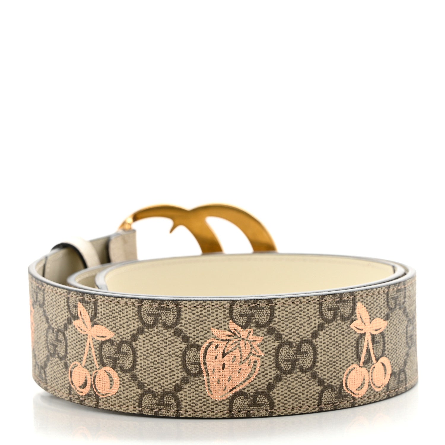 Gucci GG Supreme Monogram Berry Textured Dollar Calfskin Double G 40mm Belt 80 32 Beige Ebony Light Copper Mystic White 2 of 5