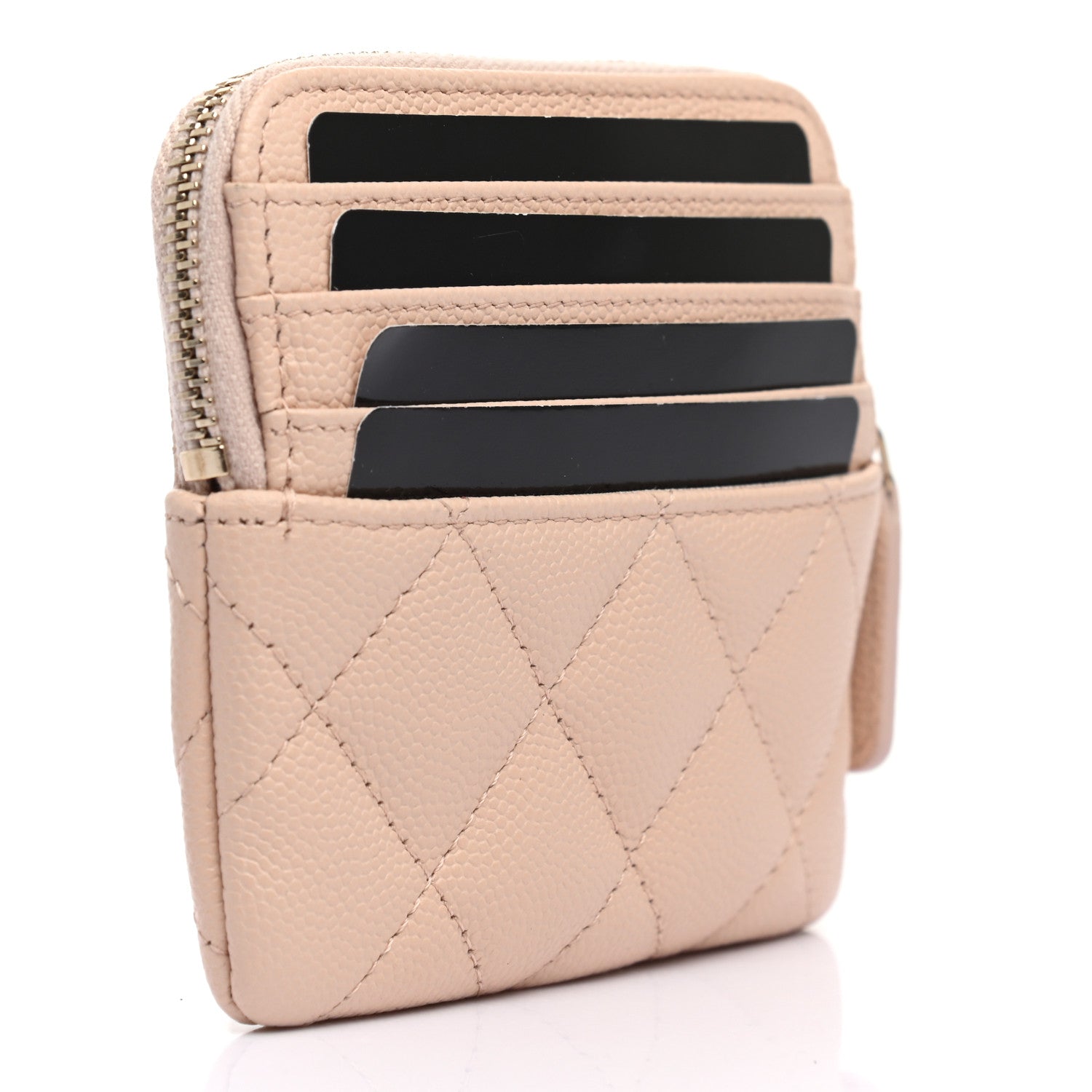 Chanel Caviar Quilted Zip Card Holder Wallet Light Beige 3 of 7