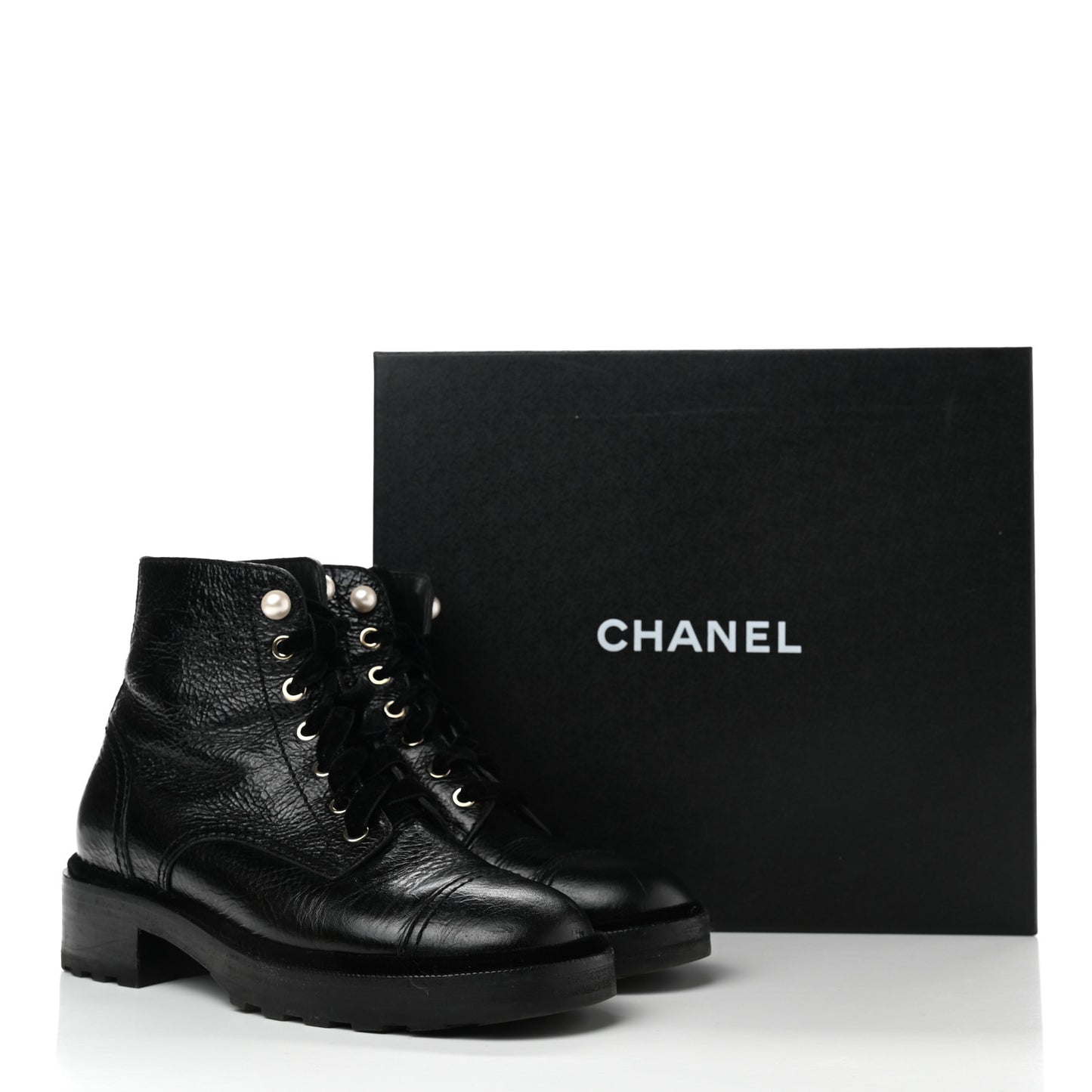 Shiny Calfskin Velvet Pearl Combat Short Boots 38.5 Black
