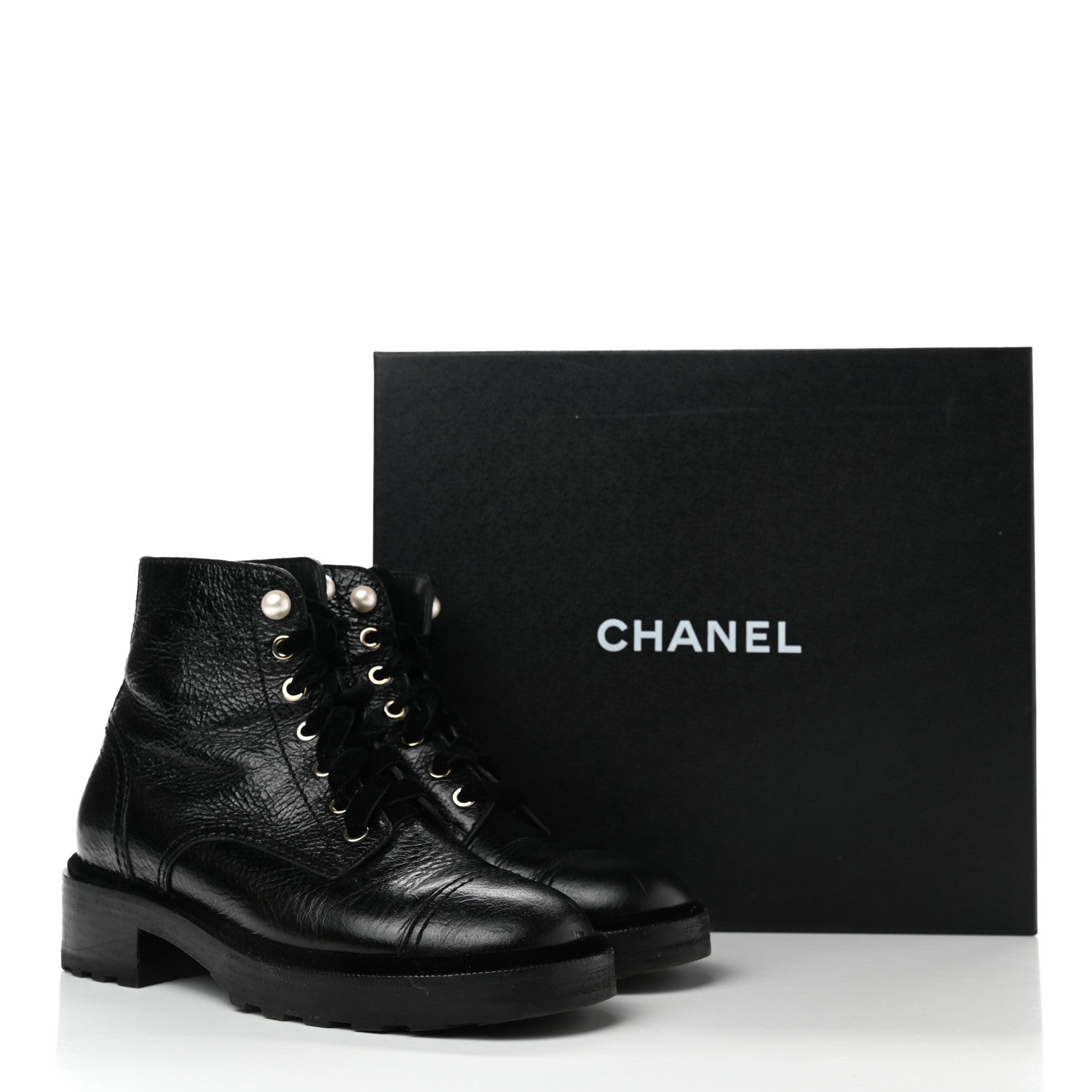 Chanel Shiny Calfskin Velvet Pearl Combat Short Boots 38.5 Black 9 of 9