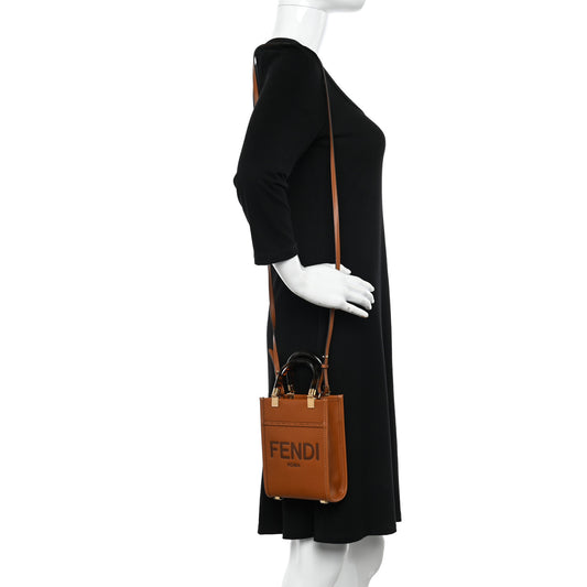 Vitello King Plexiglass Logo Embossed Mini Fendi Sunshine Shopper Tote Cuoio