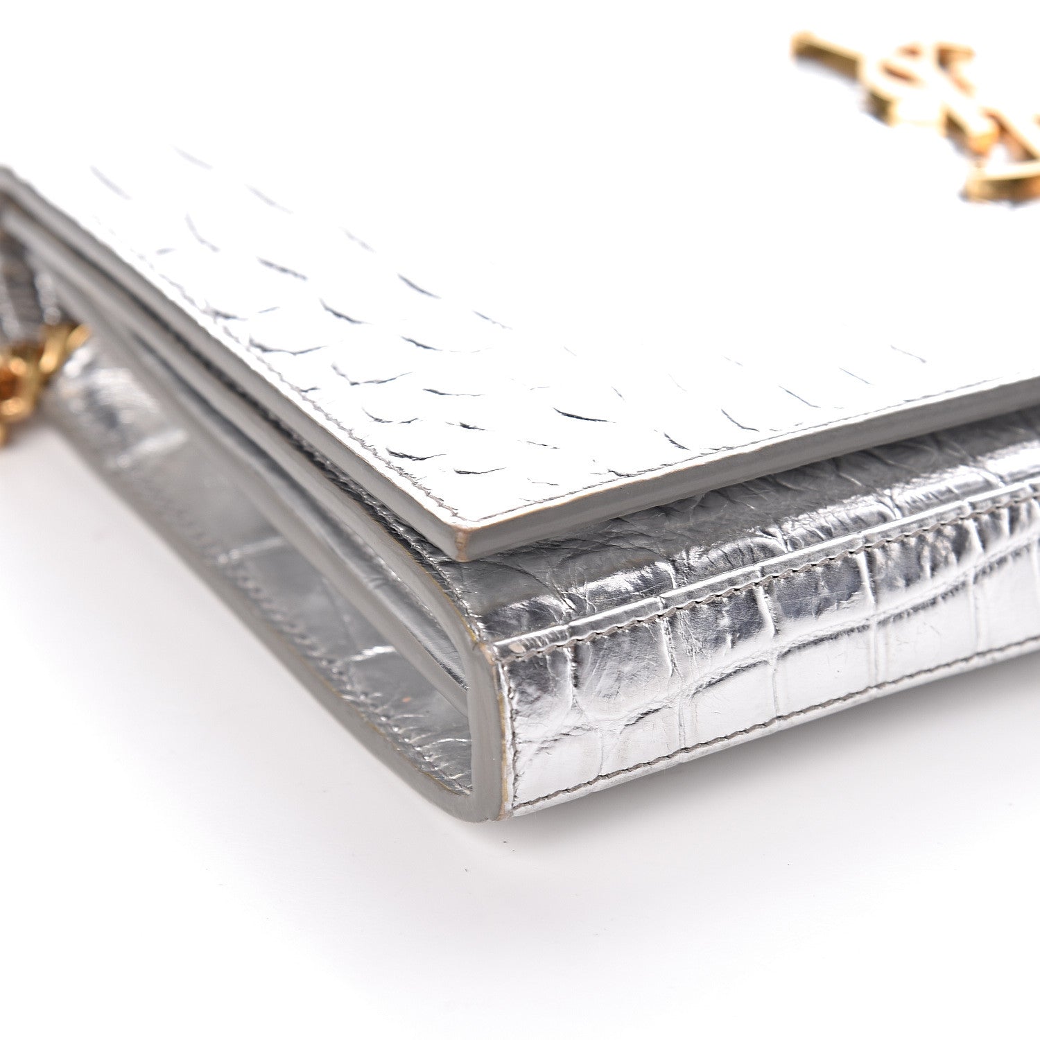 Saint Laurent Calfskin Crocodile Embossed Monogram Chain Wallet Argento 12 of 13
