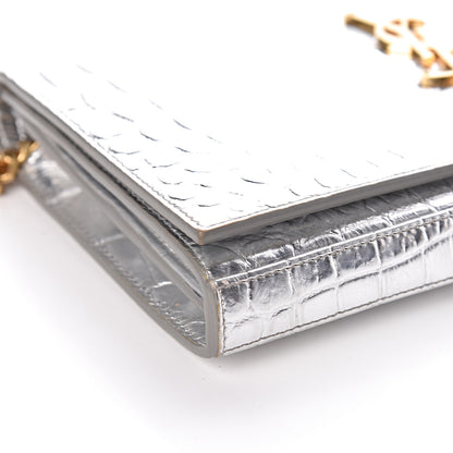 Saint Laurent Calfskin Crocodile Embossed Monogram Chain Wallet Argento 12 of 13