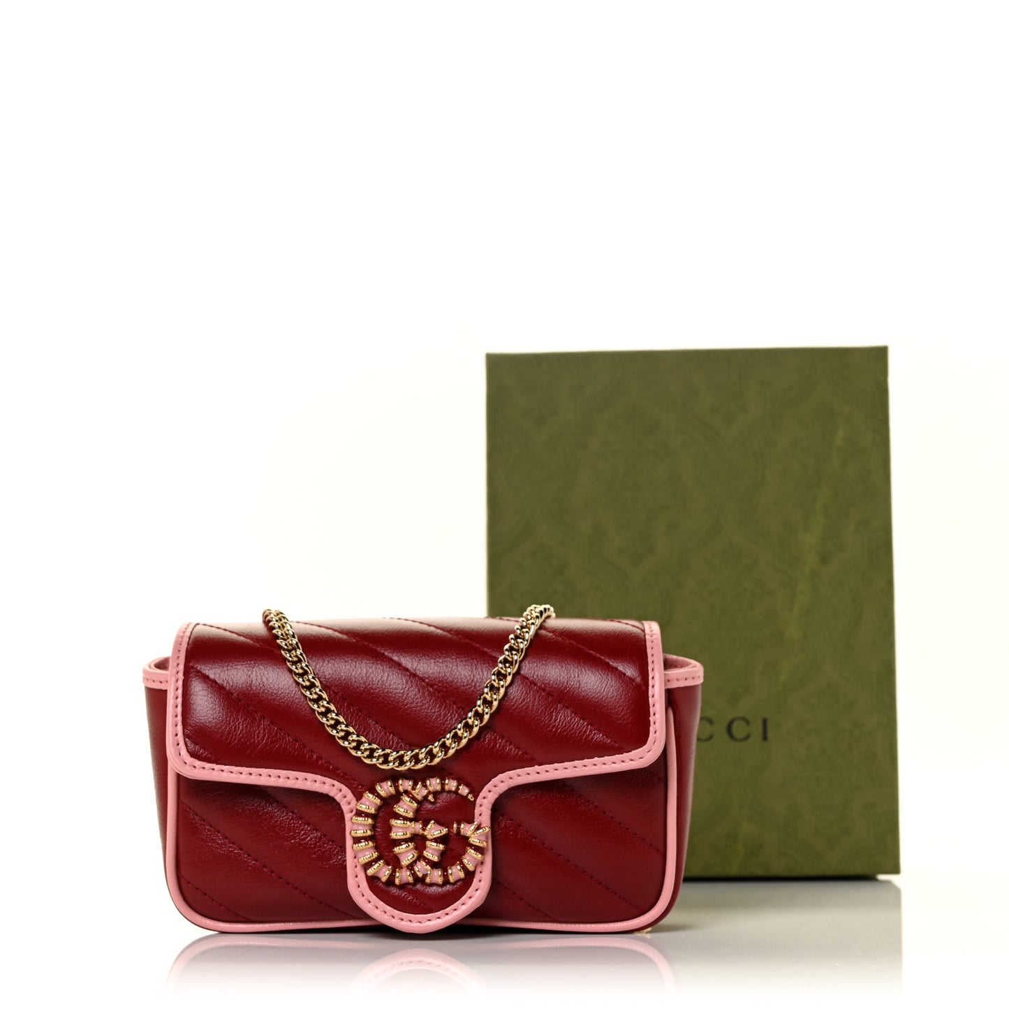 Azalea Calfskin Enamel Matelasse Diagonal Super Mini Torchon GG Marmont Shoulder Bag New Cherry Red Wild Rose