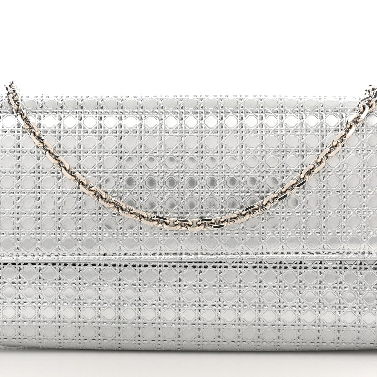 Metallic Patent Micro-Cannage Lady Dior Croisiere Chain Wallet Silver