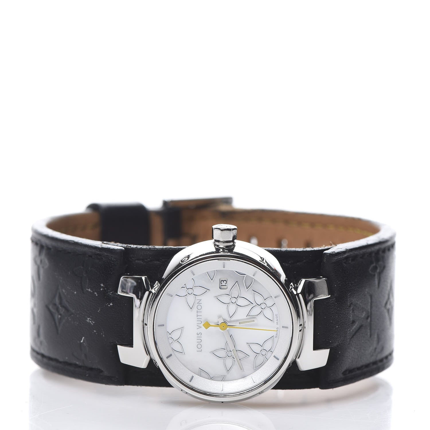 Louis Vuitton Stainless Steel Calfskin Mother of Pearl 28mm Tambour Quartz Watch 3 of 8