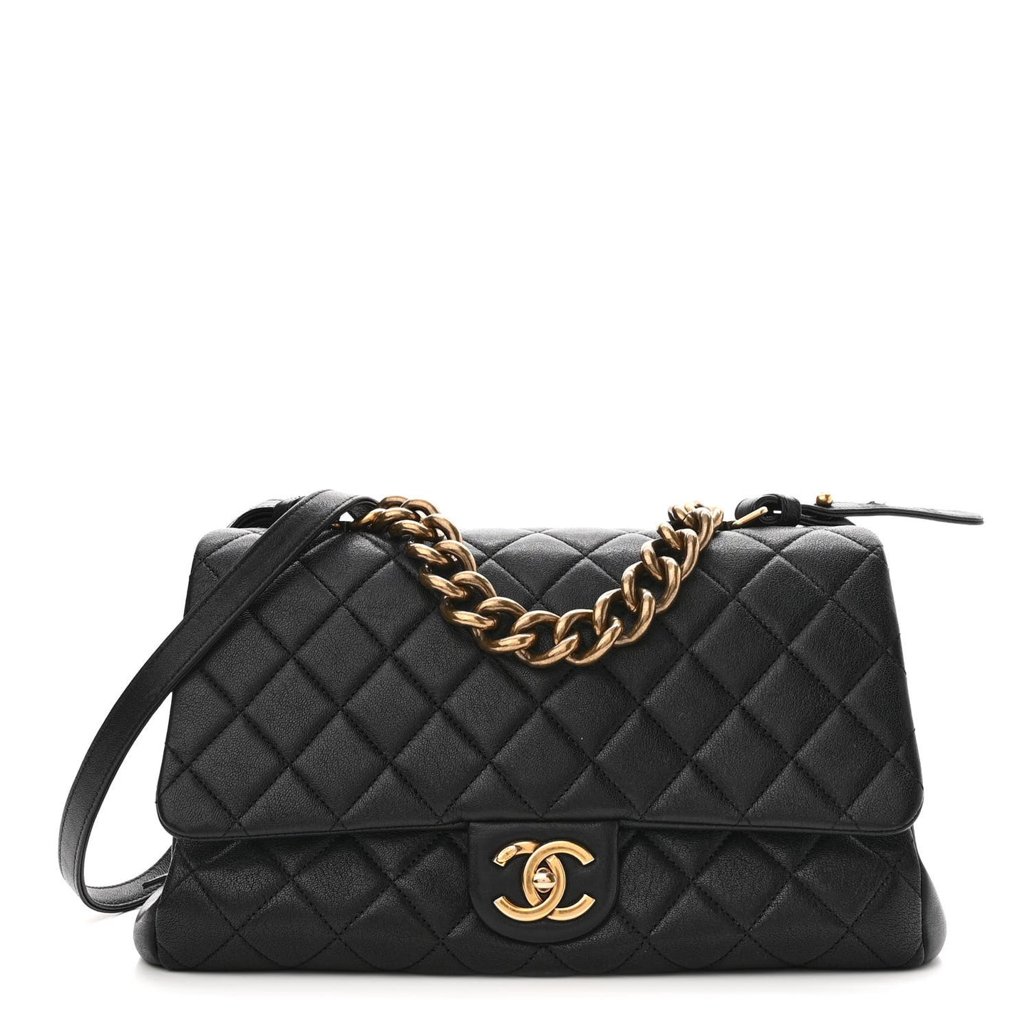 Shiny Sheepskin Quilted Large Trapezio Flap Black