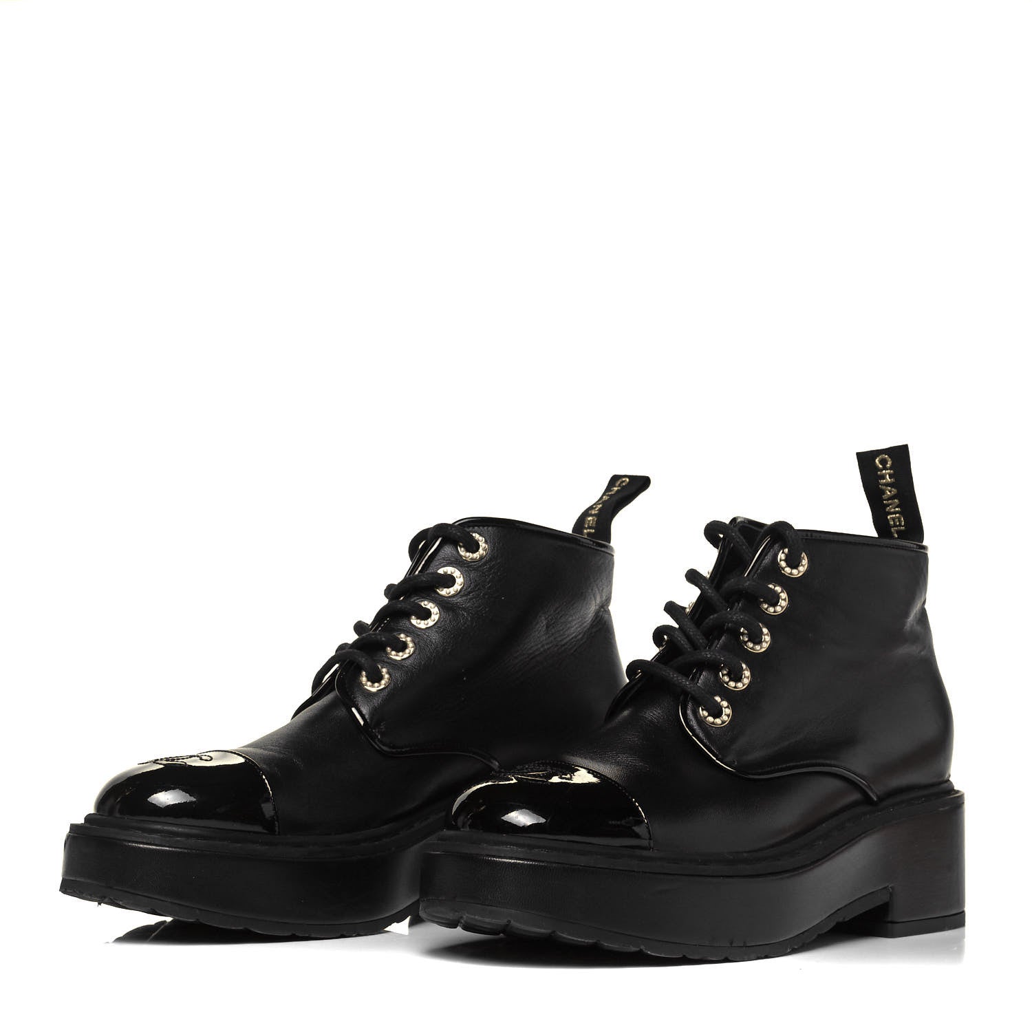 Chanel Shiny Calfskin Pearl Lace Up Combat Short Boots 38.5 Black 3 of 8