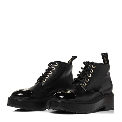 Chanel Shiny Calfskin Pearl Lace Up Combat Short Boots 38.5 Black 3 of 8
