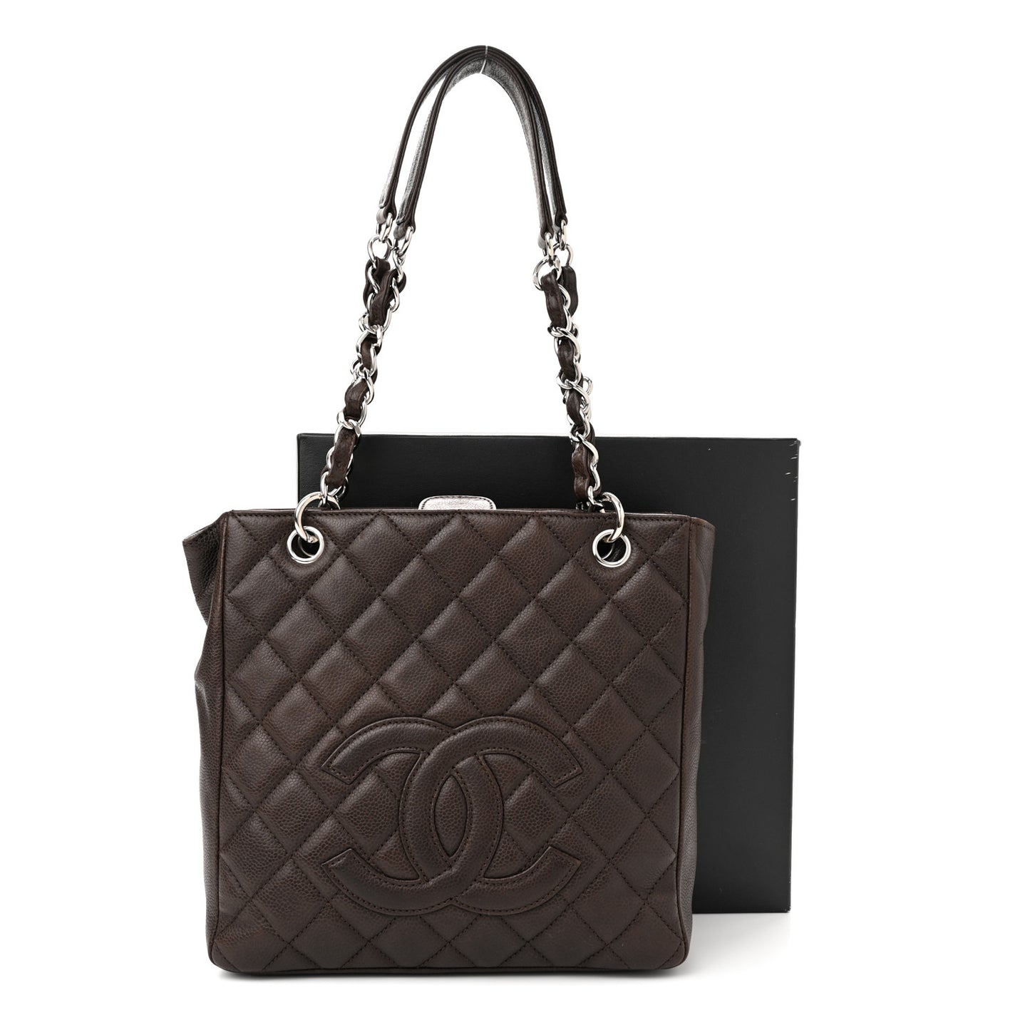 Caviar Quilted Petit Shopping Tote PST Dark Brown Brown