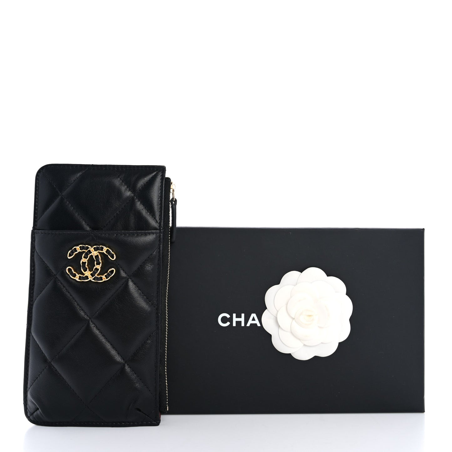 Goatskin Quilted Chanel 19 Phone and Card Holder Black