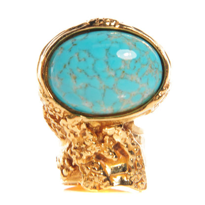 Saint Laurent Glass Cabochon Arty Ovale Ring 6 Gold Turquoise 1 of 5