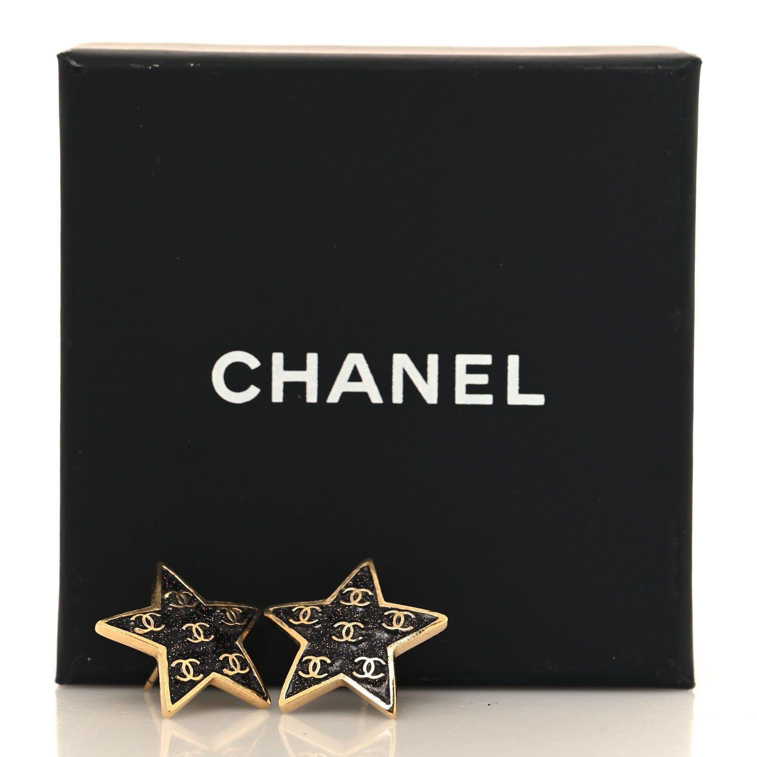 Chanel Metal Glitter Sparkle CC Star Earrings Gold Black 5 of 5