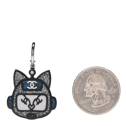 Chanel Resin Emoji Robot Cat Dangle Earrings Black Iridescent Grey 2 of 4