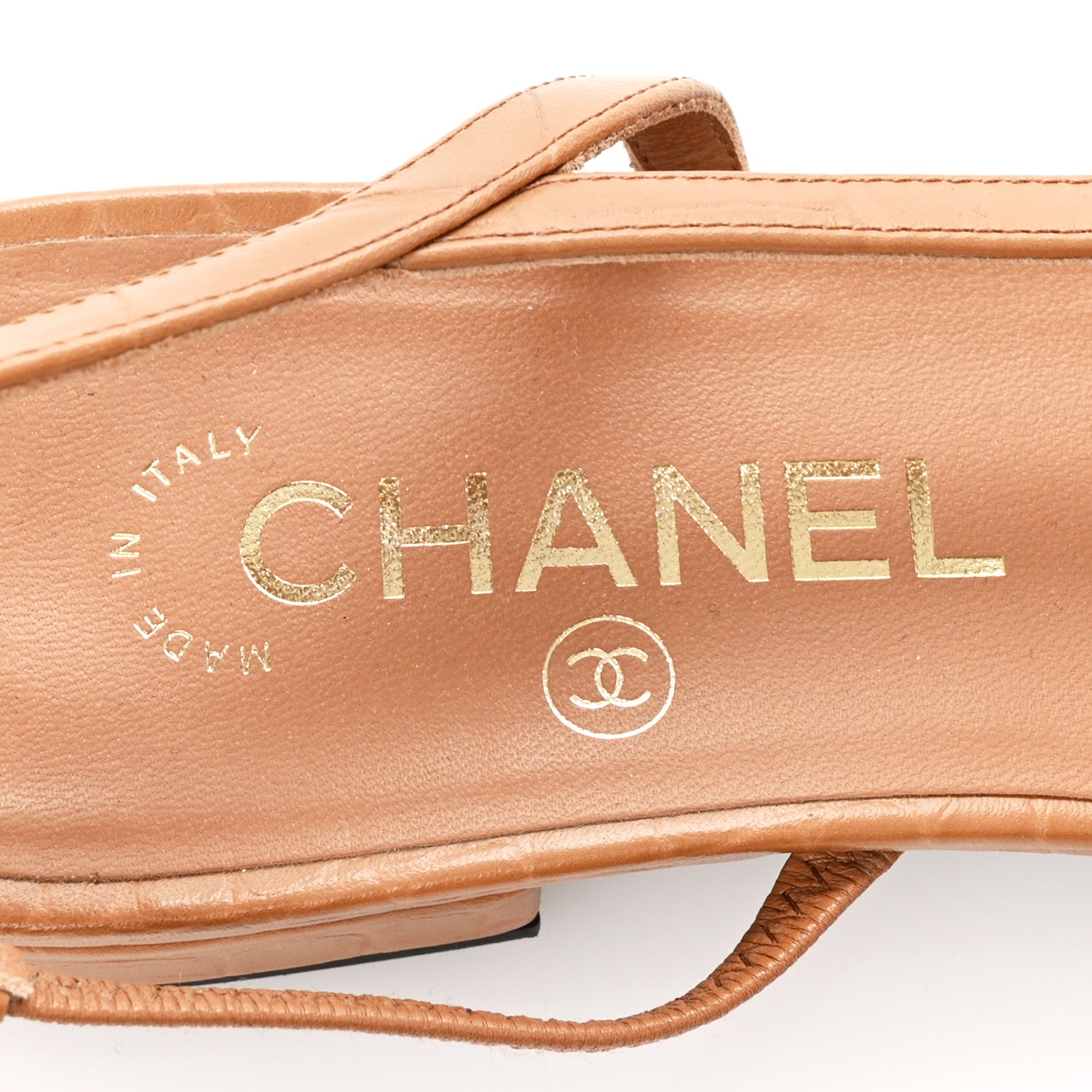 Chanel Calfskin Crocodile Embossed Patent Cap Toe CC Slingback Flats 39 Light Brown Black 7 of 12