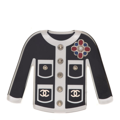 Chanel Resin Pearl Tweed Cardigan CC Brooch Black White 1 of 5
