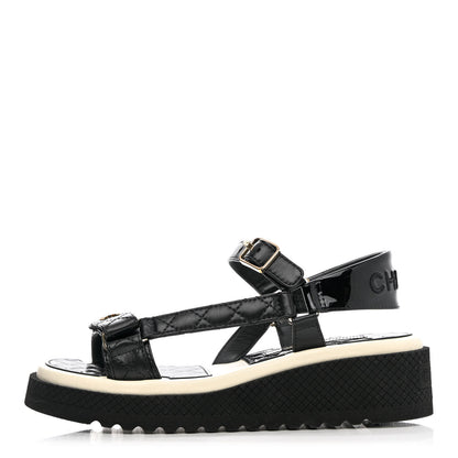 Chanel Lambskin Logo Platform Sandals 37.5 Black White 1 of 9