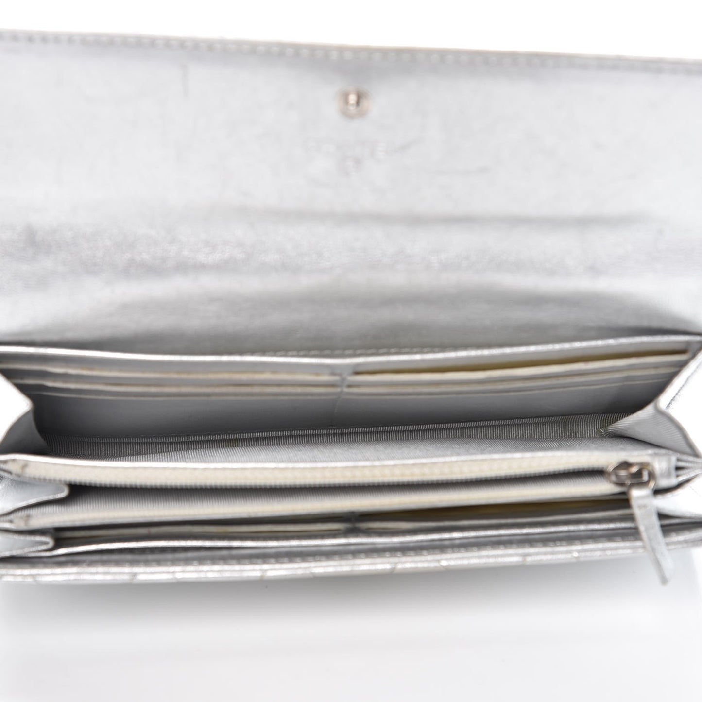 Metallic Lambskin Quilted Large Gusset Flap Wallet Silver