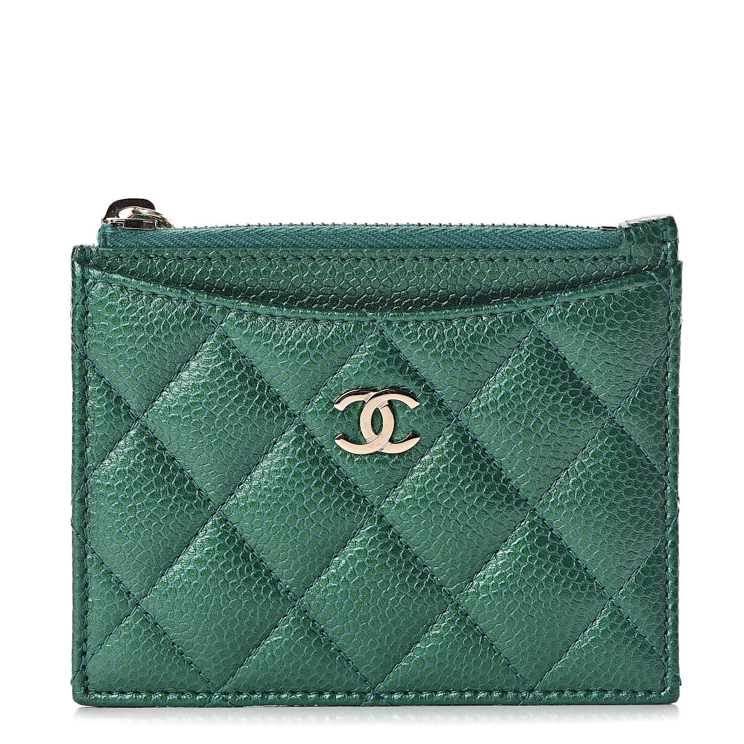 Chanel Metallic Caviar Quilted CC Zip Card Holder Green 1 of 8