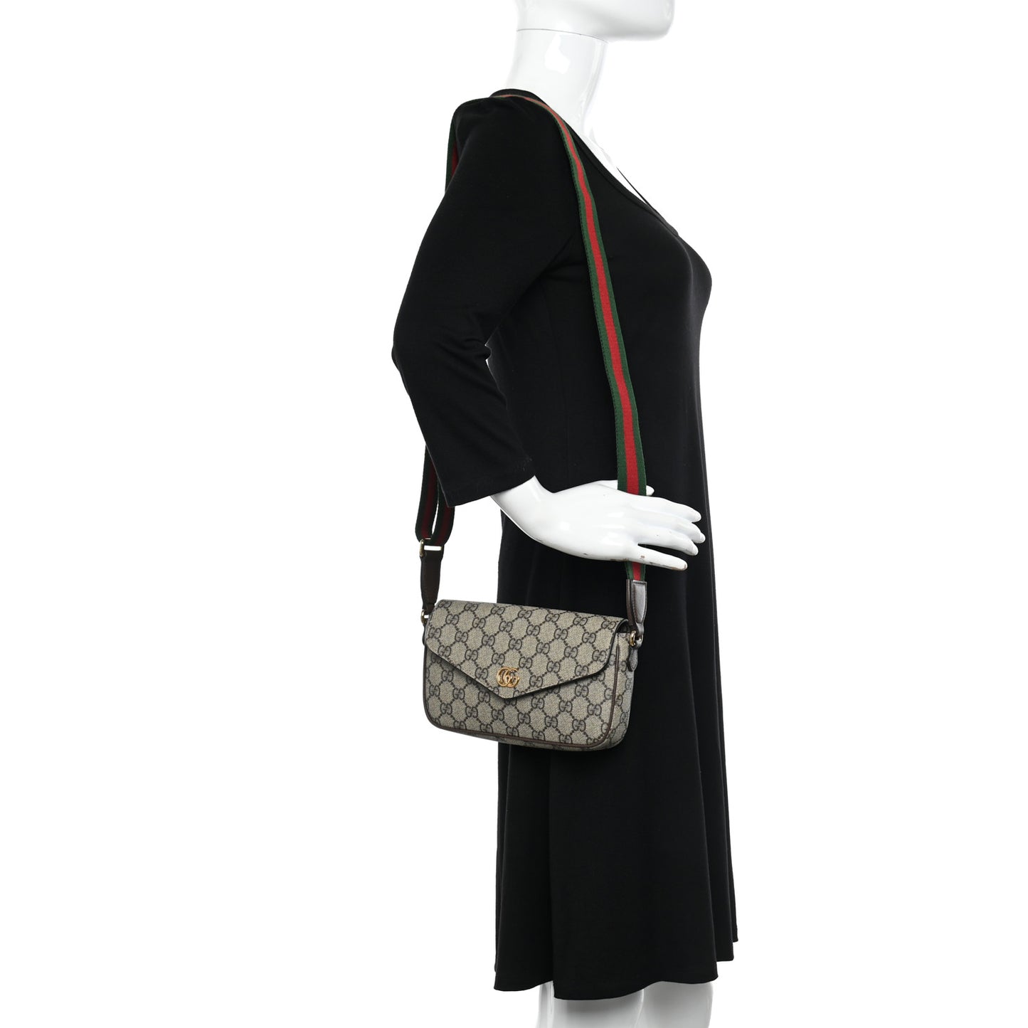 GG Supreme Monogram Textured Dollar Calfskin Web Mini Ophidia Envelope Shoulder Bag Beige Ebony