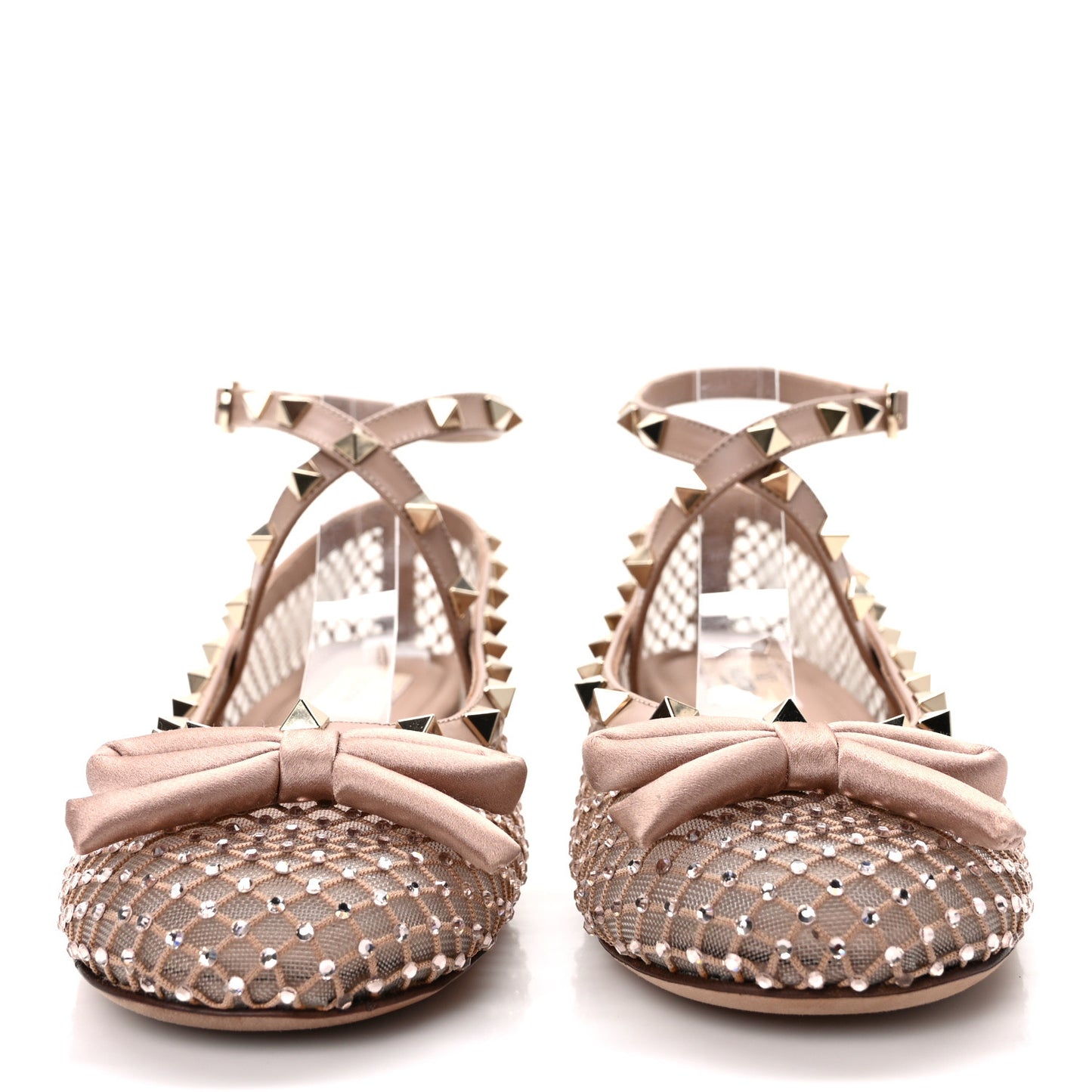 Mesh Calfskin Crystal Rockstud Multi Strap Ballerina Flats 39 Rose Cannelle