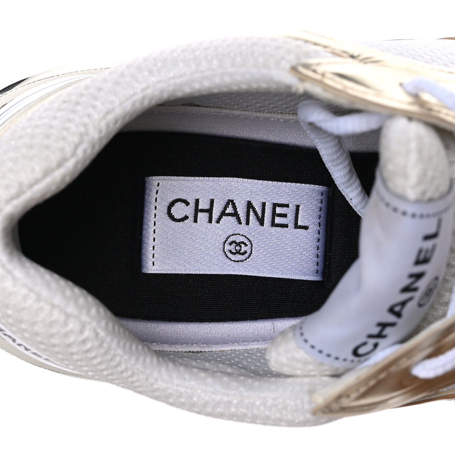 Chanel Fabric Laminated Calfskin Stretch CC Sneakers 39 White Gold