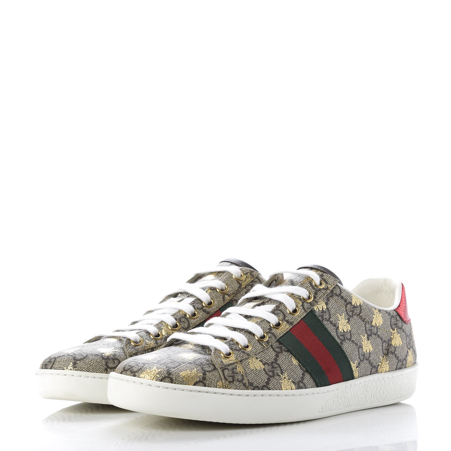 Gucci GG Supreme Monogram Bees Ayers Web Womens Ace Sneakers 38.5 Beige Oro Green Red 3 of 8