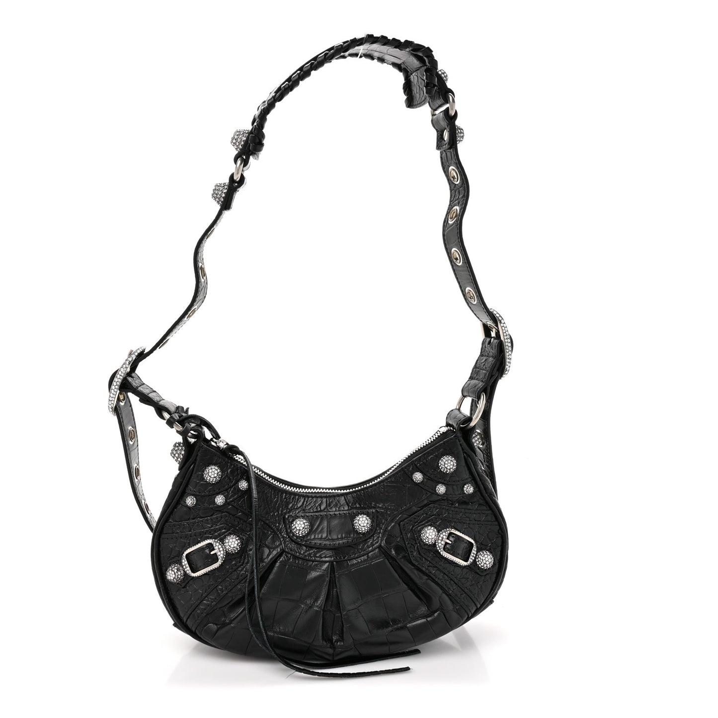 Extra Supple Calfskin Crystal Crocodile Embossed Le Cagole Shoulder Bag XS Black
