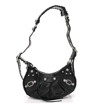 Balenciaga Extra Supple Calfskin Crystal Crocodile Embossed Le Cagole Shoulder Bag XS Black 1 of 11