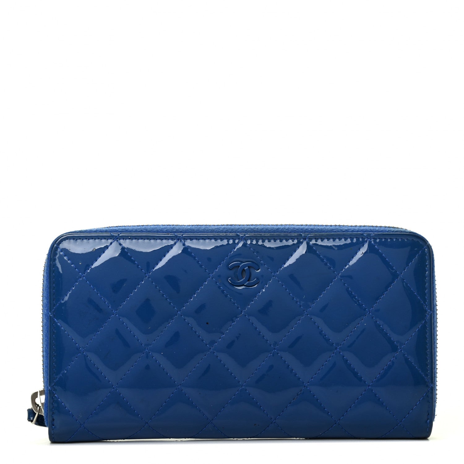 Chanel Patent Calfskin Quilted Large Gusset Zip Around Wallet Blue 1 of 4