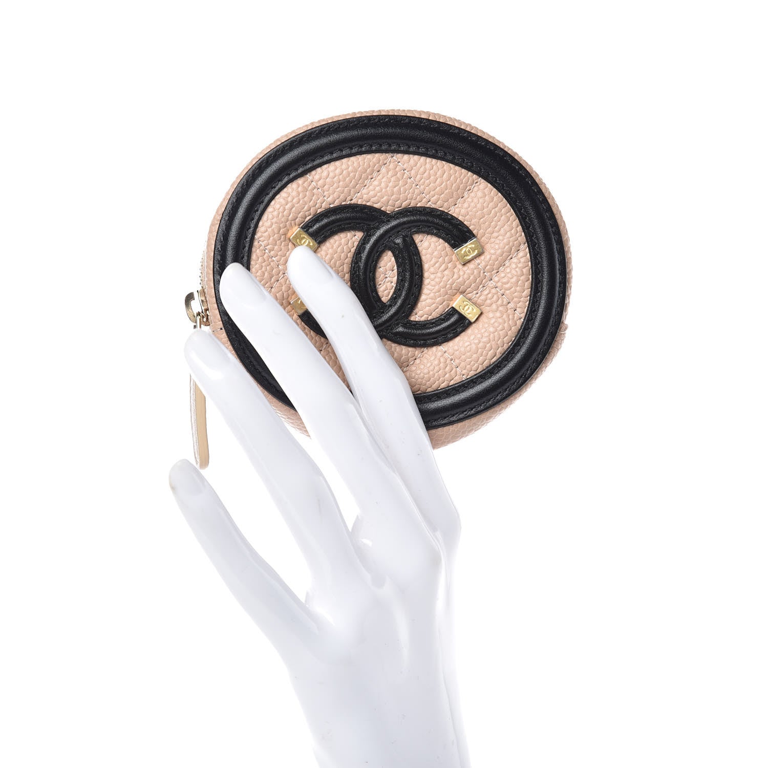 Chanel Caviar Quilted Filigree Zip Around Classic Coin Purse Beige Black 2 of 8