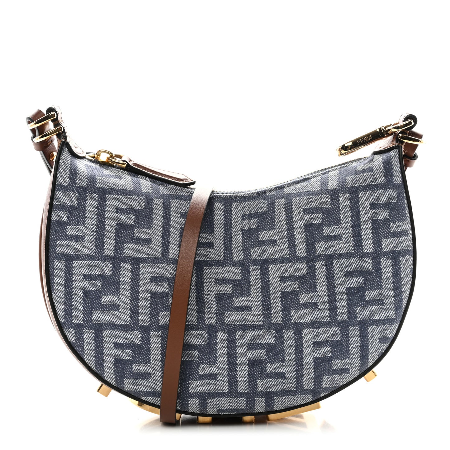 Denim Vitello King F is Fendi FF Embroidered Mini Fendigraphy Hobo Bag Blue Brown Blue Brown