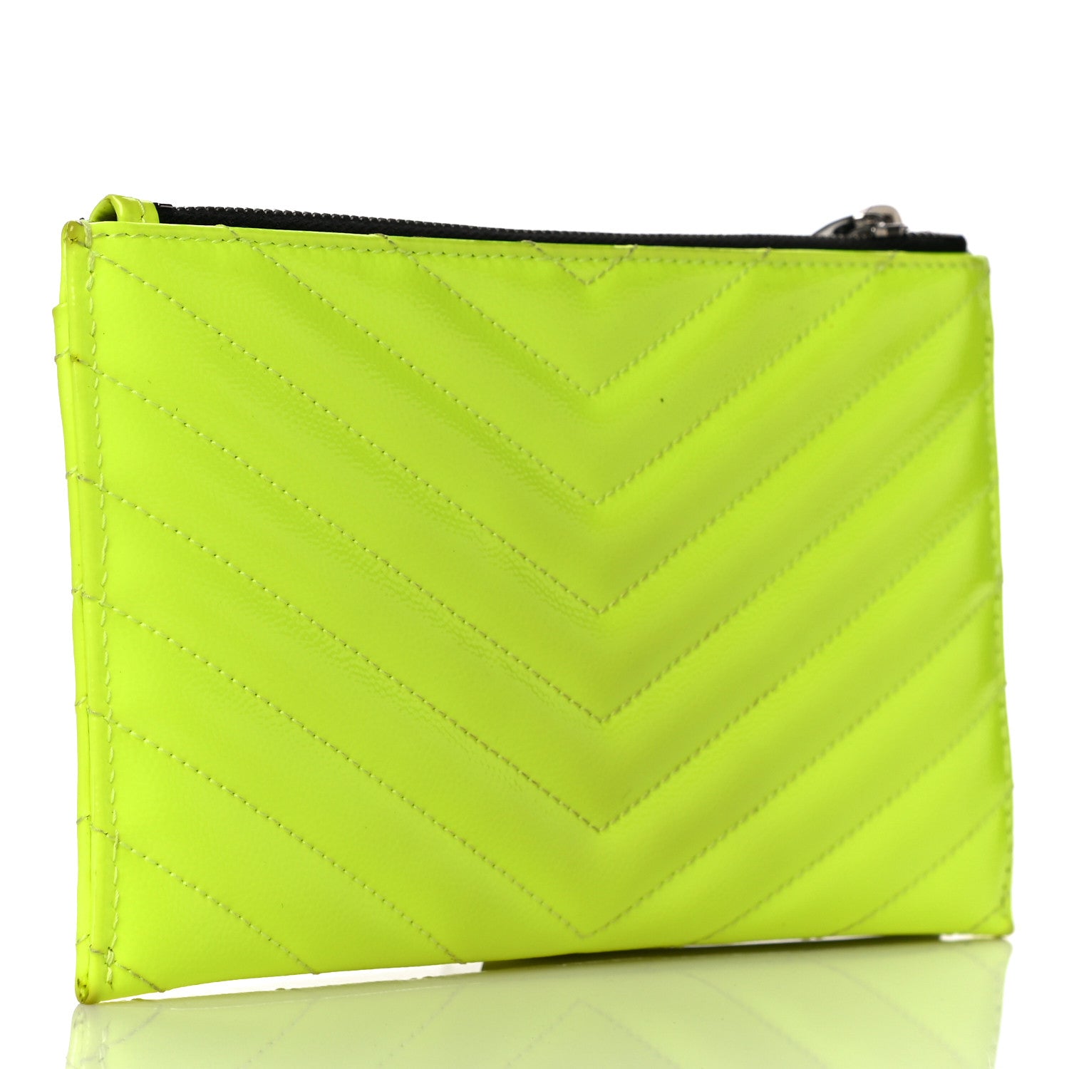 Saint Laurent Patent Grain De Poudre Matelasse Chevron Monogram Bill Pouch Neon Yellow 3 of 13