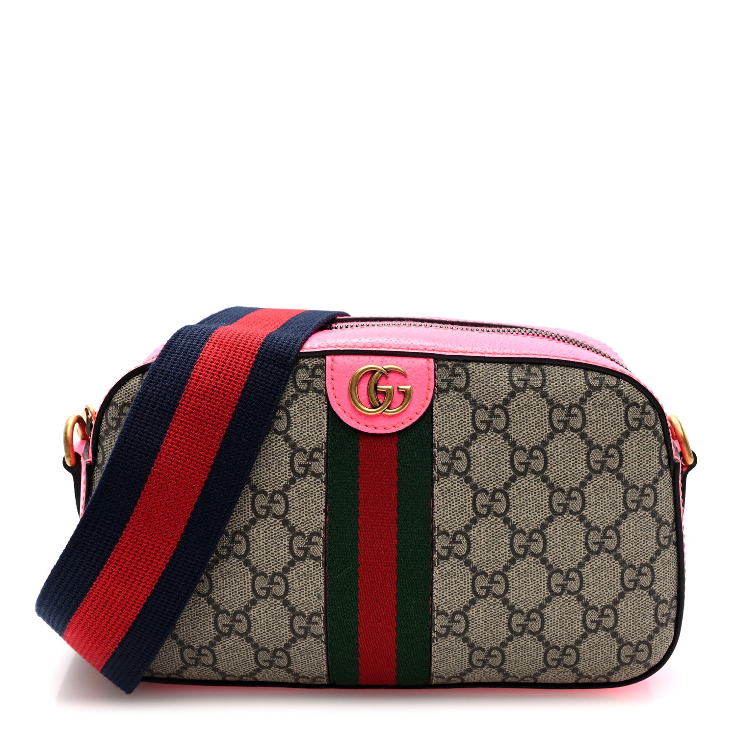 Gucci GG Supreme Monogram Textured Dollar Calfskin Web Ophidia Small Crossbody Bag Beige Ebony Fuchsia 1 of 10