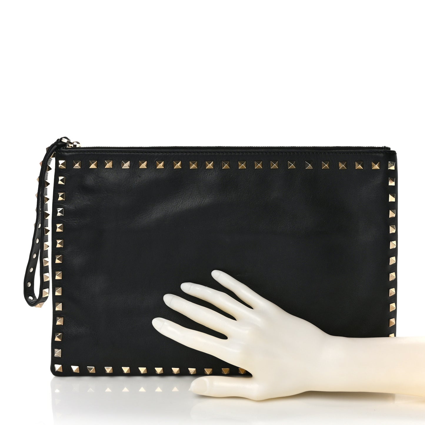 Vitello Large Rockstud Zip Wristlet Pouch Black