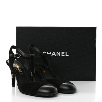 Chanel Suede Lambskin Cap Toe Crystal Slingback Pumps 37 Black 9 of 9