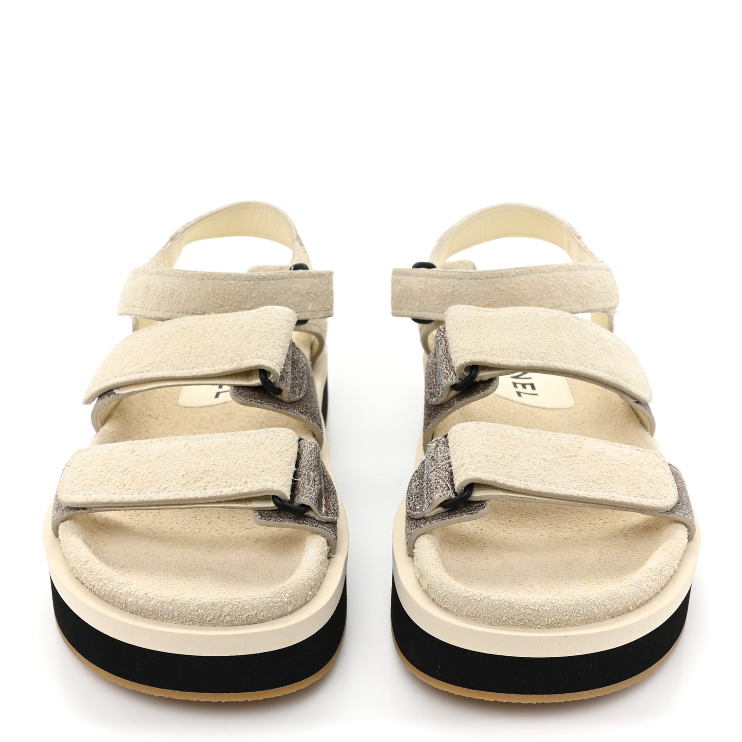 Suede Calfskin Velcro Flat Sandals 39 Ecru Dark Beige