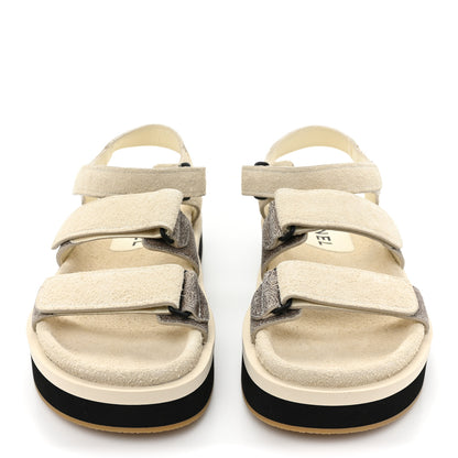Chanel Suede Calfskin Velcro Flat Sandals 39 Ecru Dark Beige 2 of 9