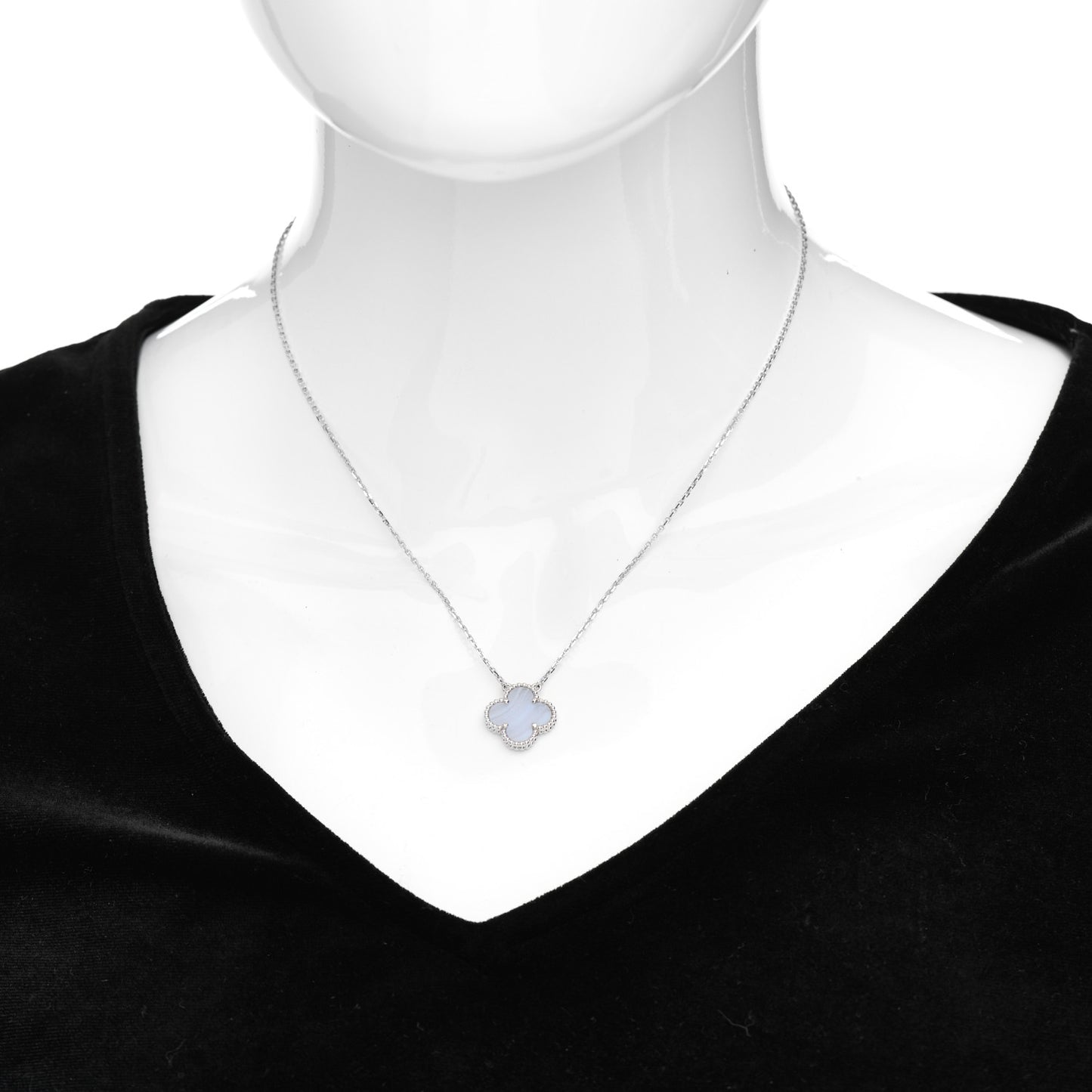 18K White Gold Chalcedony Vintage Alhambra Pendant Necklace