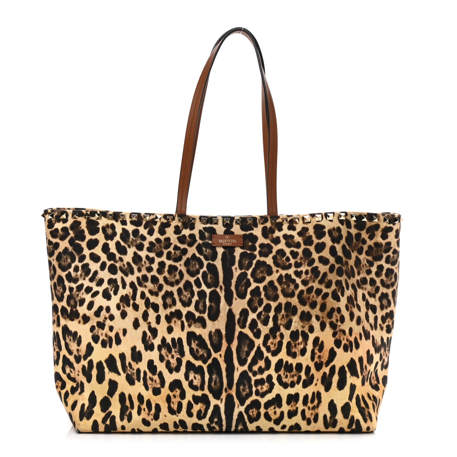 Valentino Garavani Canvas Nappa Leopard Print Rockstud Tote Brown 1 of 9
