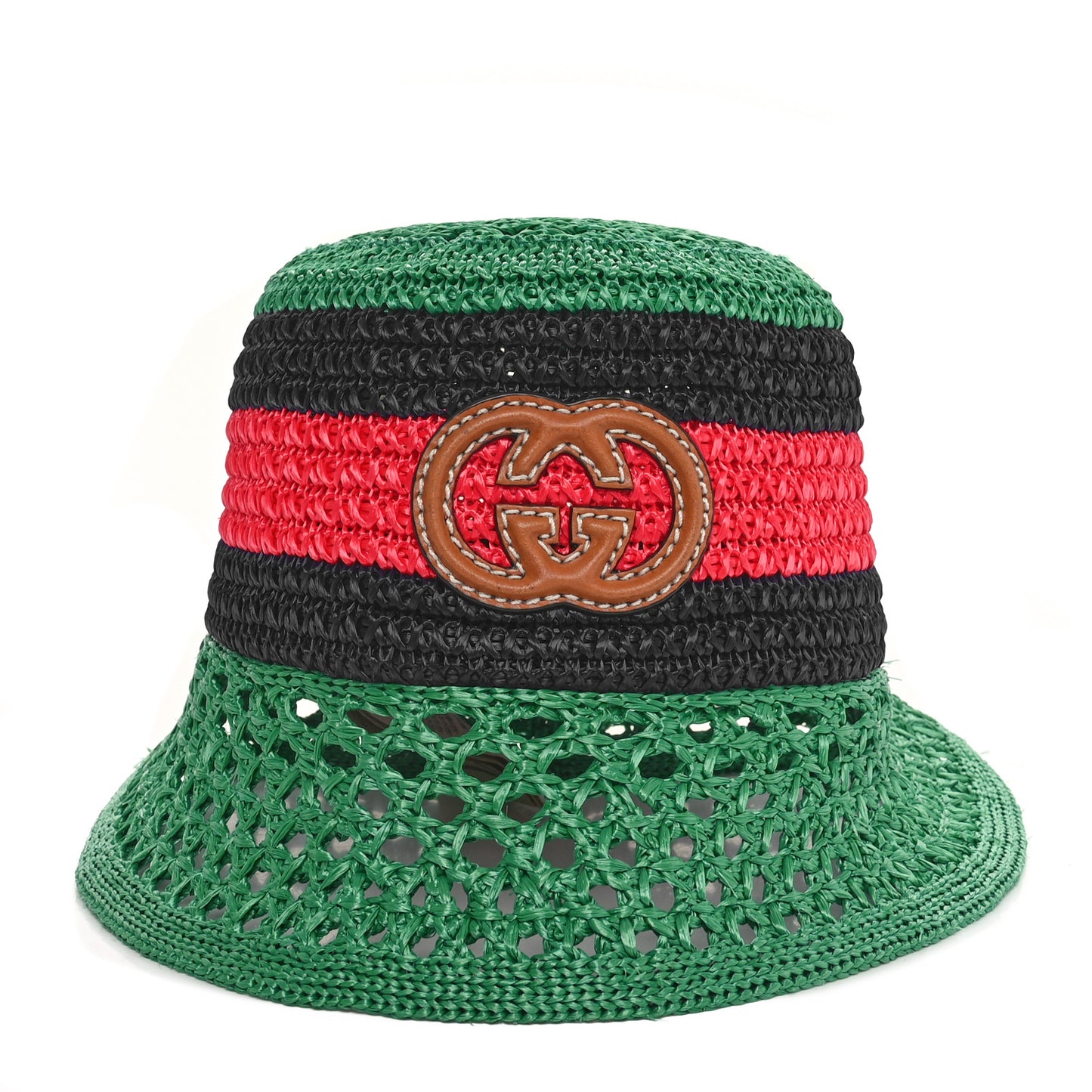 Raffia Interlocking G Web Bucket Hat S Green Multicolor