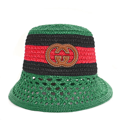Gucci Raffia Interlocking G Web Bucket Hat S Green Multicolor 3 of 9