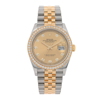 Rolex Stainless Steel 18K Yellow Gold Diamond Bezel 36mm Oyster Perpetual Datejust Watch Champagne 126283RBR 1 of 5