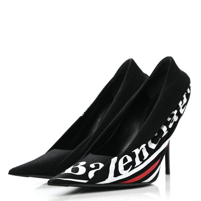 Balenciaga Jersey Crepe Political Campaign Logo Knife 115 Pointed Pumps 38 Black White Rouge 3 of 11