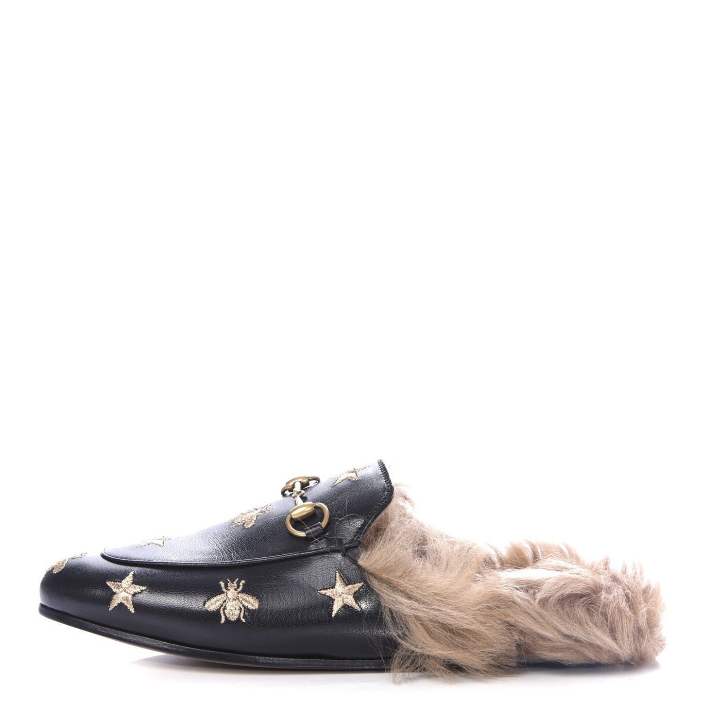 Goatskin Fur Bee Star Embroidered Womens Princetown Slippers 37.5 Black