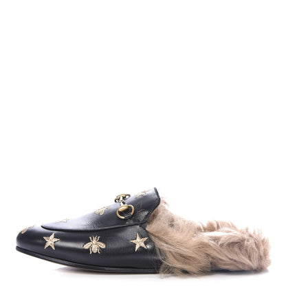 Gucci Goatskin Fur Bee Star Embroidered Womens Princetown Slippers 37.5 Black 1 of 10