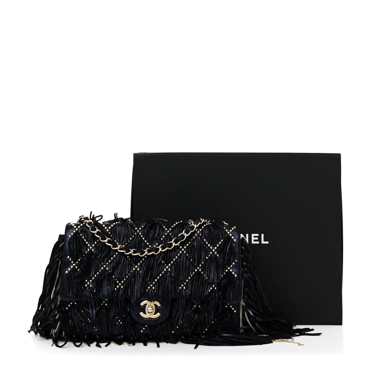Iridescent Calfskin Quilted Studded Paris Dallas Fringe Chain Flap Blue